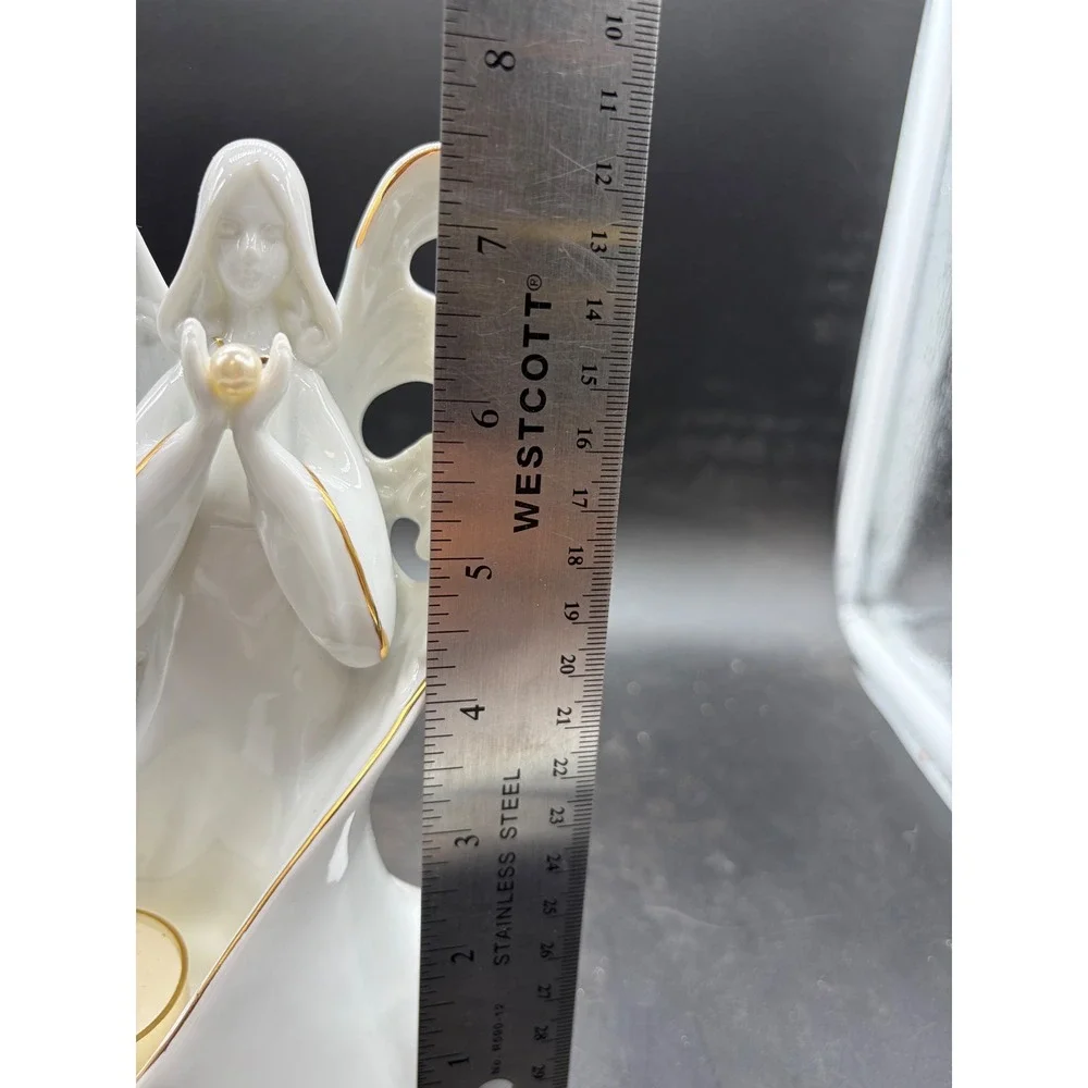 Fine Porcelain Praying Angel Tea Light Candle Holder White Gold Trim 7.5 Inch